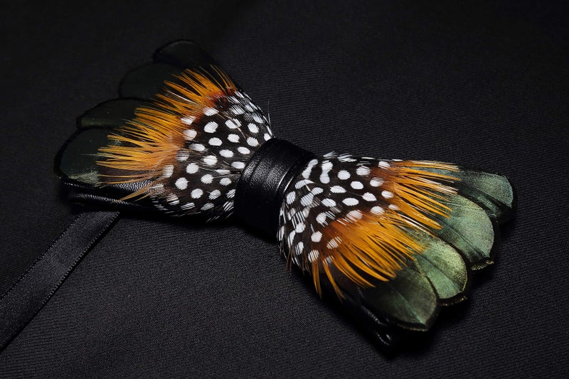 RBOCOTT Handmade Feather Pre-tied Bow tie and Brooch Sets for Men (green/yellow/white) - Image 4